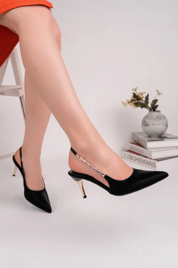 Muggo VİVARA Zincir Detaylı Sivri Burun Arkası Açık Kadın Topuklu Ayakkabı