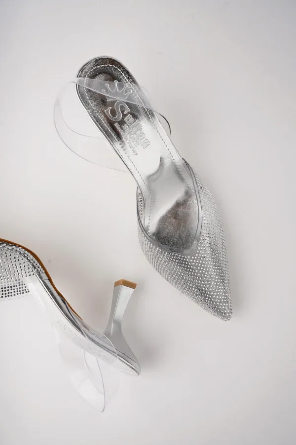 Muggo JULİET Garantili Kadın Sivri Burun Parlak Taşlı Arkası Açık Şeffaf Bantlı Topuklu Ayakkabı