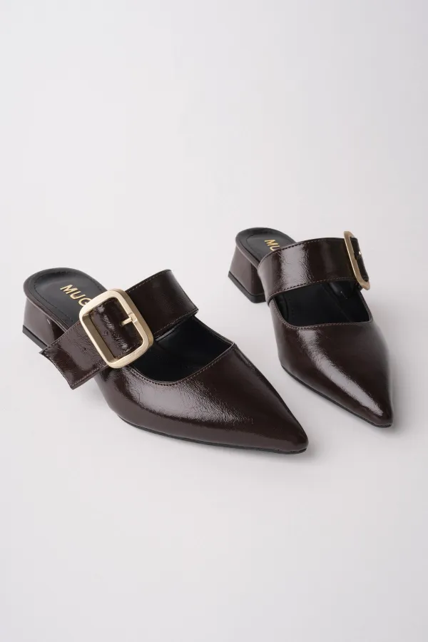 Muggo DESTİNY Gold Tokalı Tek Bant Sivri Burun Kadın Topuklu Terlik