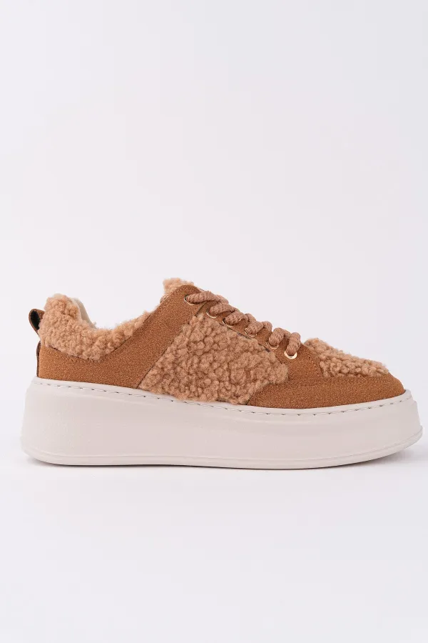 Chaussures de sport d'hiver pour femmes Muggo FLEECY à semelle épaisse et lacets, ornées de détails en peluche