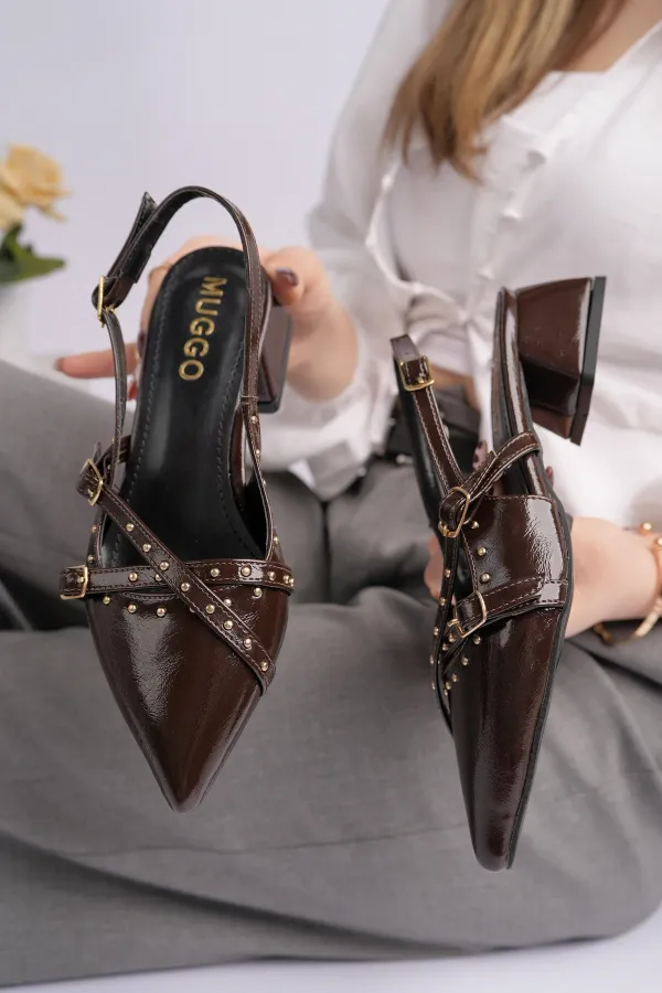Chaussures à talons bas pour femmes Muggo JOLY, bout pointu et talon ouvert, avec accessoires métalliques