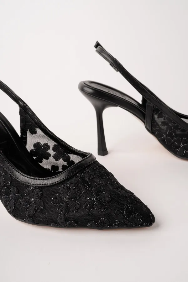 Muggo ARIS Lace Detail Pointed Toe Open Back Thin Heel Women's Dress Shoes