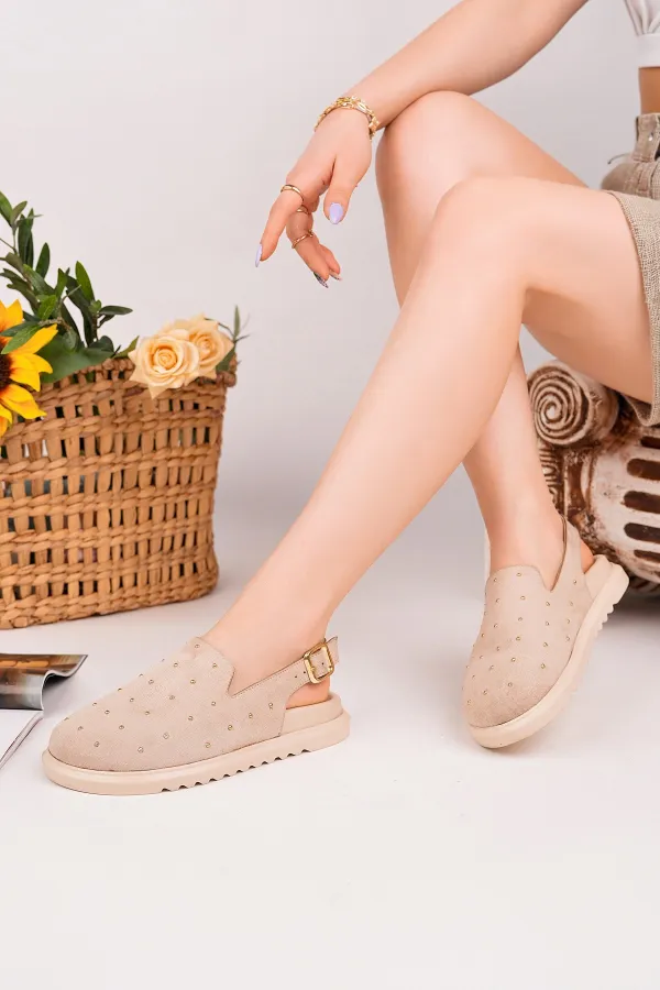 Muggo LİLOW Süet Deri Gold Zımbalı Ayarlanabilir Tokalı Günlük Rahat Önü Kapalı Kadın Sandalet