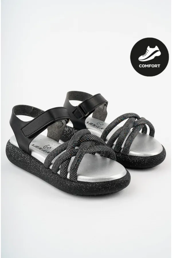 Muggo JAZZ  Garantili Günlük Ortopedik Hafif Taban Örgü Detaylı Cırtlı Kız Çocuk Sandalet