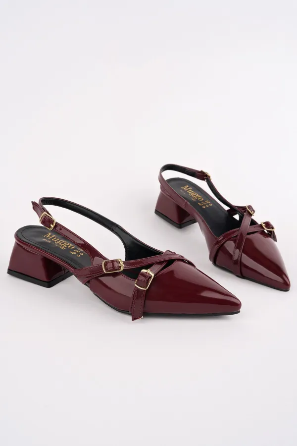 Muggo LUMINA Pointed Toe Open Back Belt Detail Two Strap Women's Low Heel Shoes