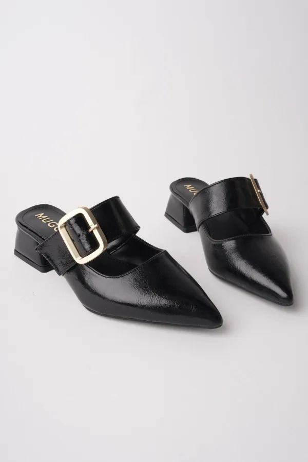 Muggo DESTİNY Gold Tokalı Tek Bant Sivri Burun Kadın Topuklu Terlik