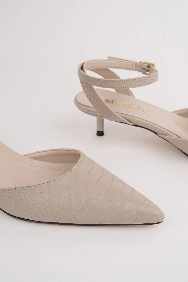 Muggo KICK Women's Crocodile Pattern Pointed Toe Thin Heel Ankle Strap Shoes