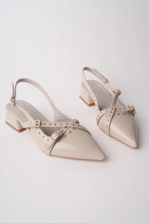 Chaussures à talons bas pour femmes Muggo JOLY, bout pointu et talon ouvert, avec accessoires métalliques