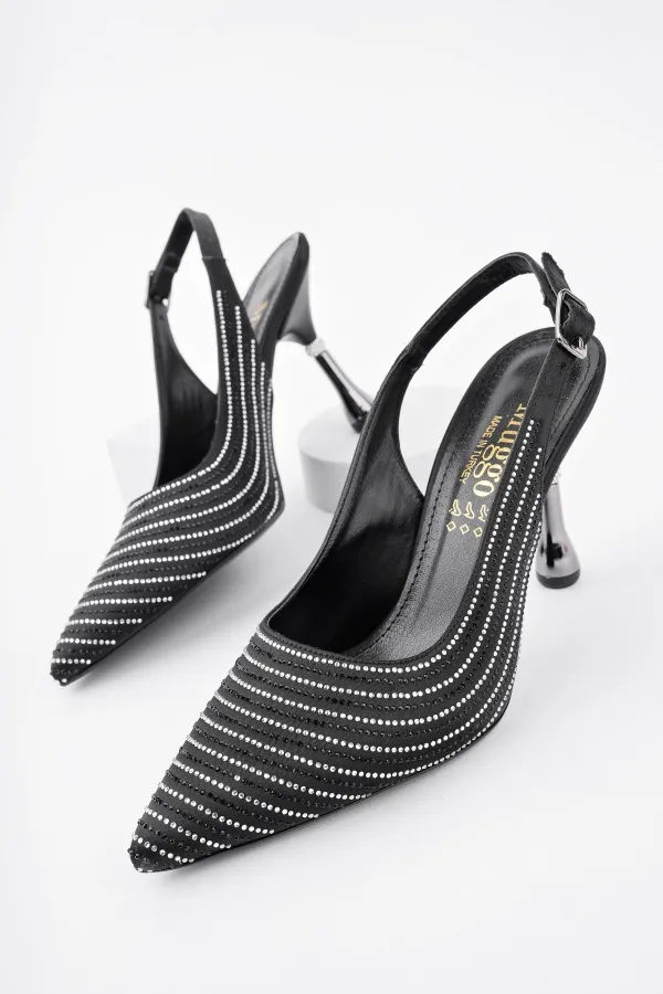 Escarpins classiques à talons hauts Muggo AMRITA pour femmes, bout pointu, ornés et talon ouvert.