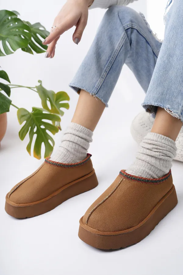 Muggo LİNG Garantili Kalın Taban Içi Tüylü Yuvarlak Burunlu Kadın Terlik