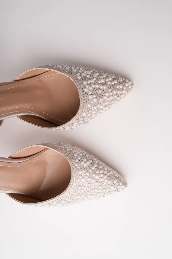 Muggo CLUJ Pearl Embellished Pointed Toe Ankle Strap Women's Dress High Heels