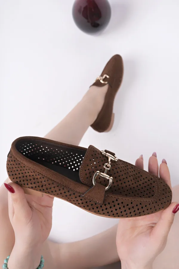 Muggo PHUKET Guaranteed Metal Buckle Laser-Cut Breathable Leather Women's Loafer Casual Shoes Muggo PHUKET Guaranteed Metal Buckle Laser-Cut Breathable Leather Women's Loafer Casual Shoes