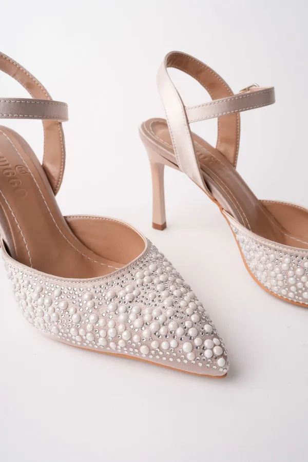Muggo CLUJ Pearl Embellished Pointed Toe Ankle Strap Women's Dress High Heels
