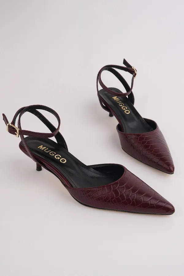 Muggo KICK Women's Crocodile Pattern Pointed Toe Thin Heel Ankle Strap Shoes