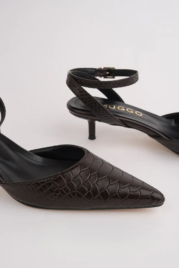 Muggo KICK Women's Crocodile Pattern Pointed Toe Thin Heel Ankle Strap Shoes