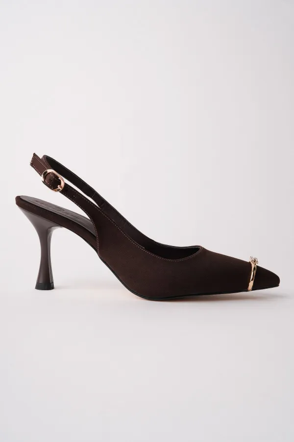 Muggo OURELİA Gold Yüzük Detaylı Sivri Burun Arkası Açık Kadın Topuklu Ayakkabı