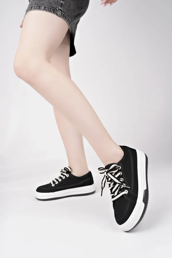 Muggo CARİNA Kalın Taban Keten Kumaş Bağcıklı Kadın Günlük Sneaker Spor Ayakkabı