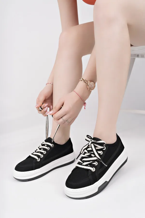 Muggo CARİNA Kalın Taban Keten Kumaş Bağcıklı Kadın Günlük Sneaker Spor Ayakkabı