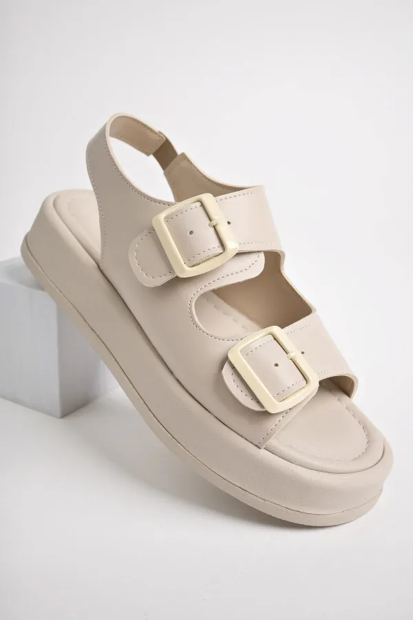 Muggo JASMINE Guaranteed Platform Heel Double Strap Buckle Detail Elastic Women's Sandals