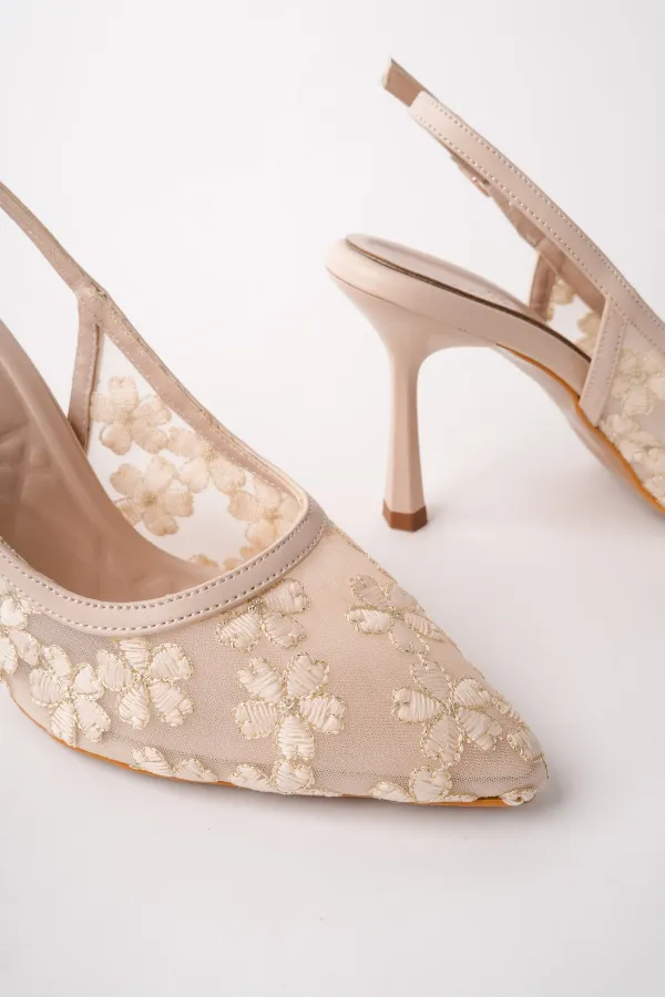 Chaussures habillées pour femmes Muggo ARIS à bout pointu et talon fin, ornées de dentelle