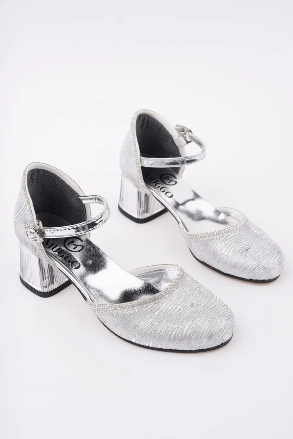 Muggo ELSE Bilekten Bağlamalı Simli Kız Çocuk Kısa Topuklu Ayakkabı