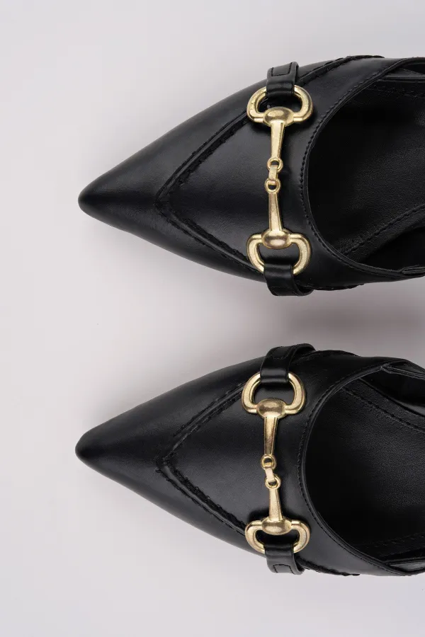 Muggo ELVIA Pointed Toe Open Back Women's Low Heel Shoes with Metal Accessories