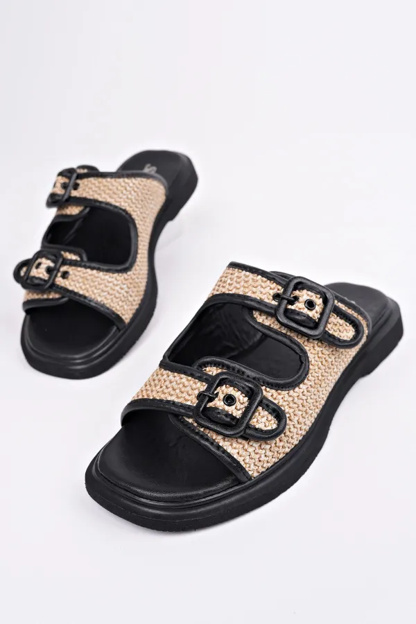 Muggo SARLE Çift Bantlı Ayarlanabilir Kemerli Kadın Günlük Hasır Terlik