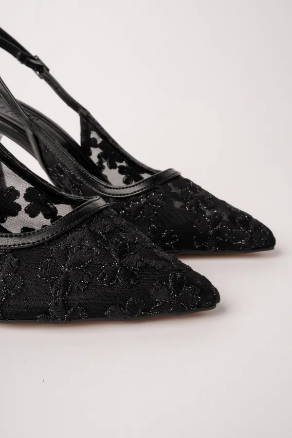 Chaussures habillées pour femmes Muggo ARIS à bout pointu et talon fin, ornées de dentelle