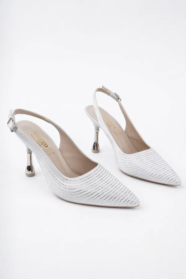 Escarpins classiques à talons hauts Muggo AMRITA pour femmes, bout pointu, ornés et talon ouvert.