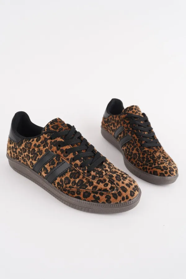 Muggo LEOPARD Garantili Kadın Ortopedik Günlük Bağcıklı Yürüyüş Leopar Desenli Sneaker Spor Ayakkabı