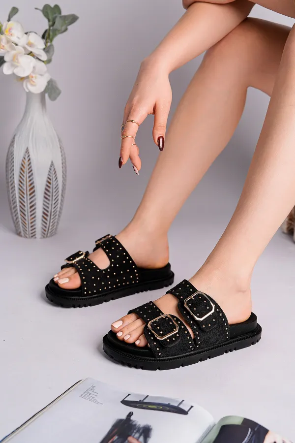 Muggo ESTİVA Ayarlanabilir Çift Tokalı Zımbalı Günlük Kadın Terlik