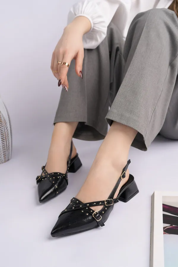 Chaussures à talons bas pour femmes Muggo JOLY, bout pointu et talon ouvert, avec accessoires métalliques