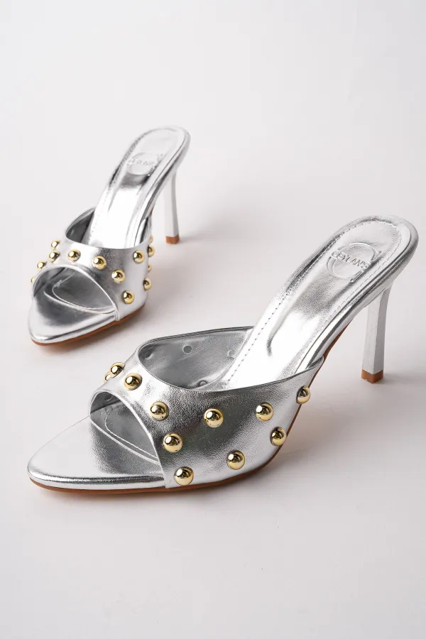 Muggo HELENA Women's Studded Pointed Toe Metal Detailed Stiletto Heeled Slippers