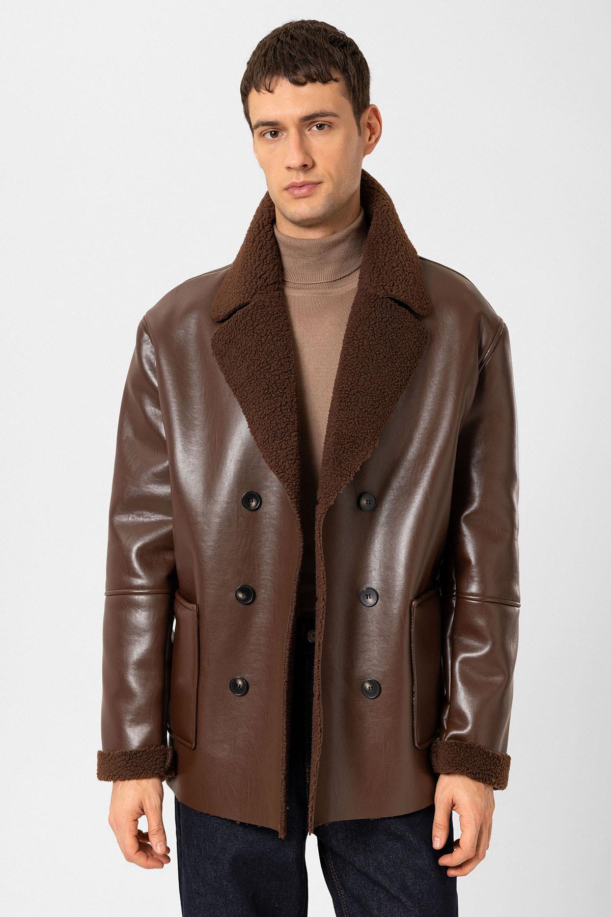 Antioch Men's Double-Breasted Faux Leather Jacket with C