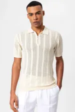 Antioch Ekru Polo Yaka Fermuarlı Örme Erkek T-Shirt