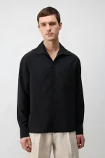 Antioch Siyah Lyocell Karışımlı Geniş Yaka Erkek Gömlek