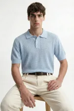 T-shirt homme à col polo texturé en maille bleue Antioch