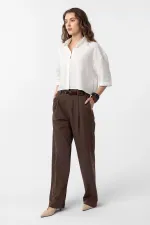 Antioch Kahve Yüksek Bel Pilili Kadın Pantolon