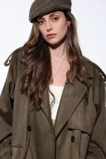 Antioch Haki Kruvaze Süet Görünümlü Premium Kadın Trençkot