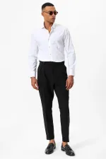 Antioch Siyah Yüksek Bel Pileli Dokulu Erkek Pantolon