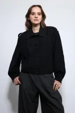 Antioch Black Pleated Detail Stand Collar Coat