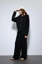 Antioch Siyah Kapüşonlu Üst Ve Geniş Paça Triko Takım