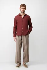 Antioch Bordo 100% Keten Relax Fit Erkek Gömlek