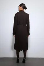 Antioch Kahve Balıksırtı Desenli Kemerli Kaban