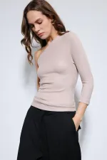 Antioch Beige Asymmetric Collar Top
