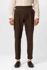 Pantalon homme Antioch Coffee taille haute en lin mélangé à double ourlet