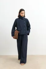 Antioch Lacivert Özel Dik Yaka Kadın Gömlek