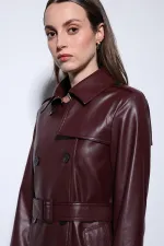 Trench-coat ceinturé en similicuir bordeaux pour femme, style Antioch