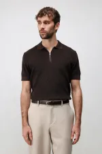 Antioch Kahve Comfort Slim Fermuarlı Erkek Triko T-Shirt