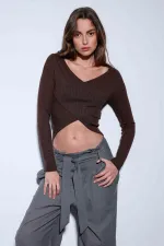 Antioch Kahve Kruvaze Kadın Bluz